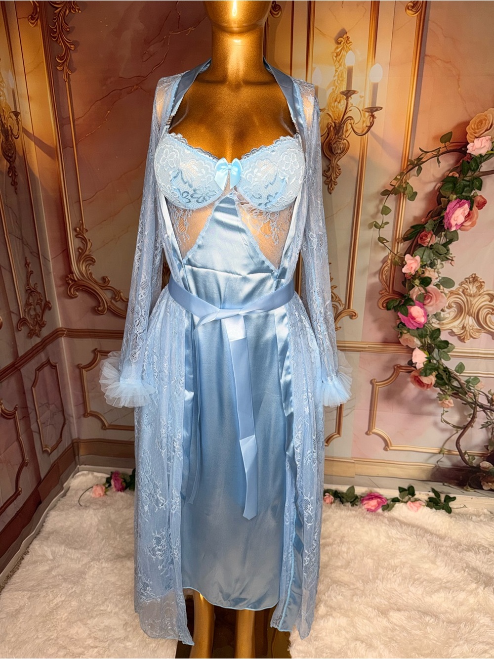 Romantic Baby Blue Satin Gown & Lace Robe Lingerie Set – Size M